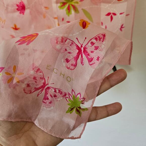 Vintage Y2K Echo Silk Scarf Pink Butterfly‎ Floral Print Hair Wrap Purse Accent - Picture 6 of 11